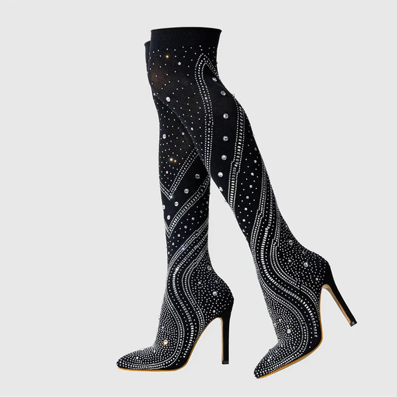 VougeVamp Crystal Rhinestone Stretch Thigh-High Boots - Pointed Toe High Heel Pumps for Women