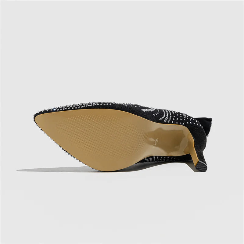 VougeVamp Crystal Rhinestone Stretch Thigh-High Boots - Pointed Toe High Heel Pumps for Women