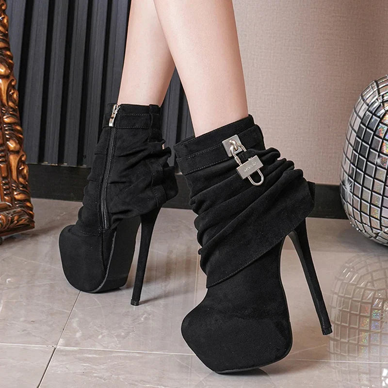 VougeVamp Women’s Extreme High Heel Platform Boots – Zip Closure Metal Buckle Ankle Boots for Stripper and Pole Dance