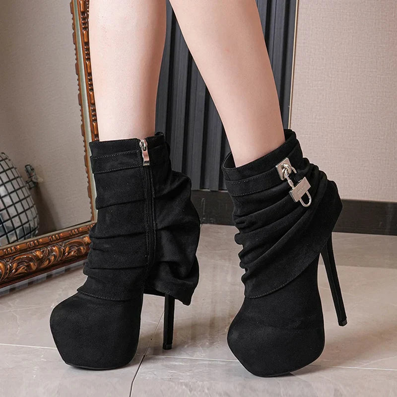 VougeVamp Women’s Extreme High Heel Platform Boots – Zip Closure Metal Buckle Ankle Boots for Stripper and Pole Dance