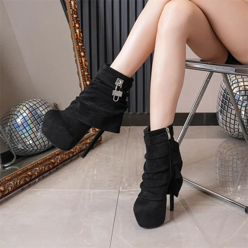 VougeVamp Women’s Extreme High Heel Platform Boots – Zip Closure Metal Buckle Ankle Boots for Stripper and Pole Dance