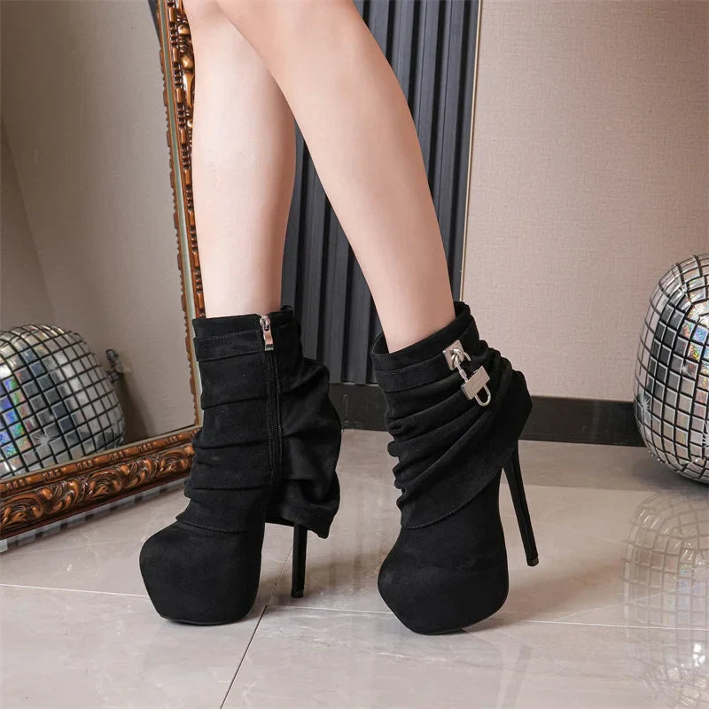 VougeVamp Women’s Extreme High Heel Platform Boots – Zip Closure Metal Buckle Ankle Boots for Stripper and Pole Dance