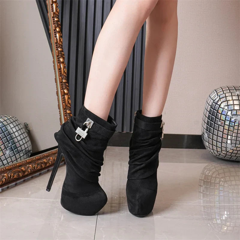 VougeVamp Women’s Extreme High Heel Platform Boots – Zip Closure Metal Buckle Ankle Boots for Stripper and Pole Dance