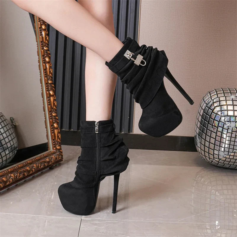 VougeVamp Women’s Extreme High Heel Platform Boots – Zip Closure Metal Buckle Ankle Boots for Stripper and Pole Dance