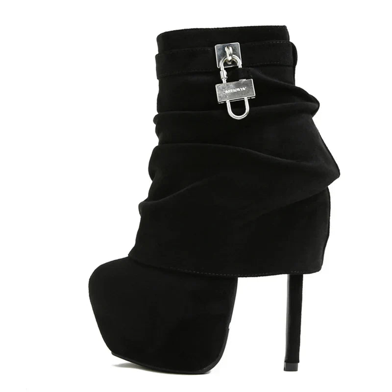 VougeVamp Women’s Extreme High Heel Platform Boots – Zip Closure Metal Buckle Ankle Boots for Stripper and Pole Dance