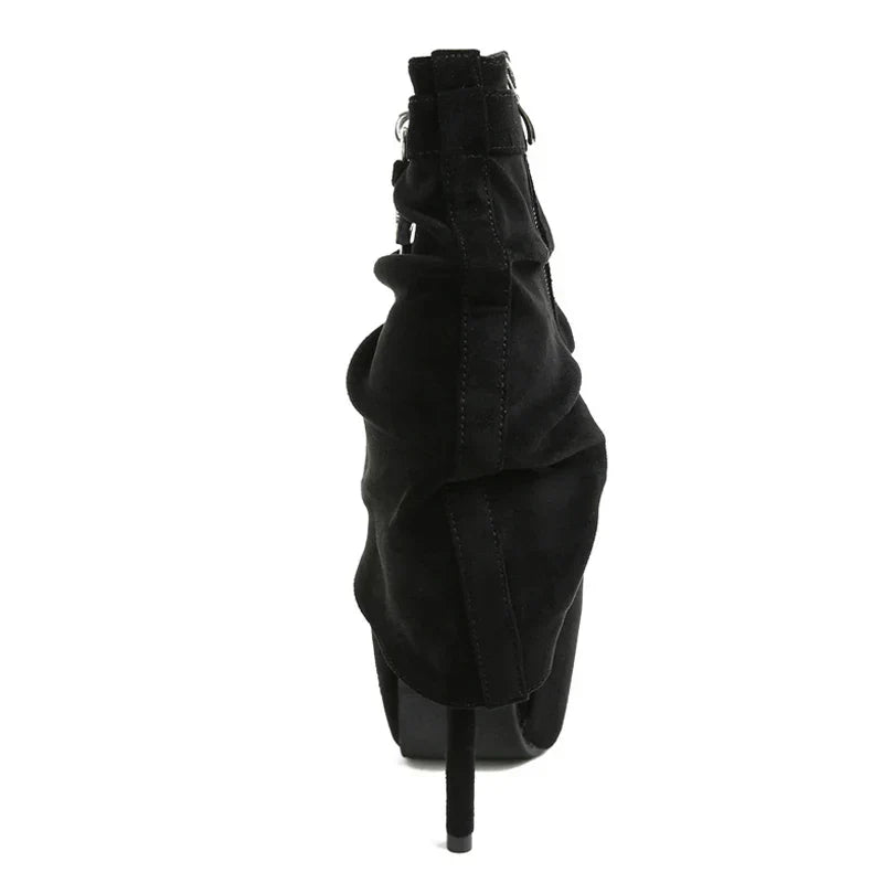 VougeVamp Women’s Extreme High Heel Platform Boots – Zip Closure Metal Buckle Ankle Boots for Stripper and Pole Dance