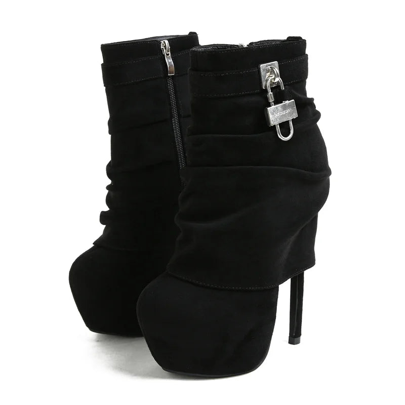 VougeVamp Women’s Extreme High Heel Platform Boots – Zip Closure Metal Buckle Ankle Boots for Stripper and Pole Dance