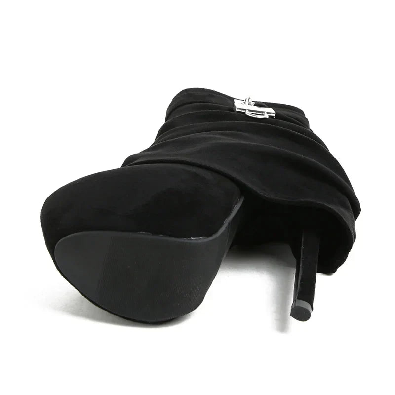 VougeVamp Women’s Extreme High Heel Platform Boots – Zip Closure Metal Buckle Ankle Boots for Stripper and Pole Dance