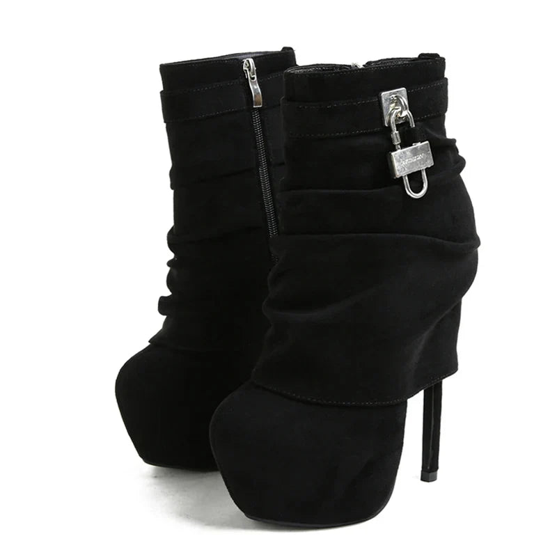 VougeVamp Women’s Extreme High Heel Platform Boots – Zip Closure Metal Buckle Ankle Boots for Stripper and Pole Dance