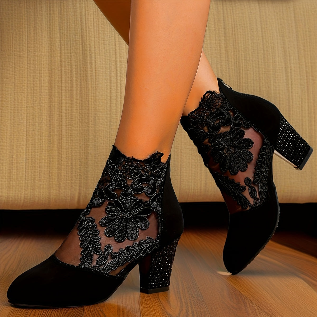 VougeVamp Floral Lace Mesh Wedge Heels – Elegant Square Toe Slip-On Mary Jane Shoes - VougeVampUK