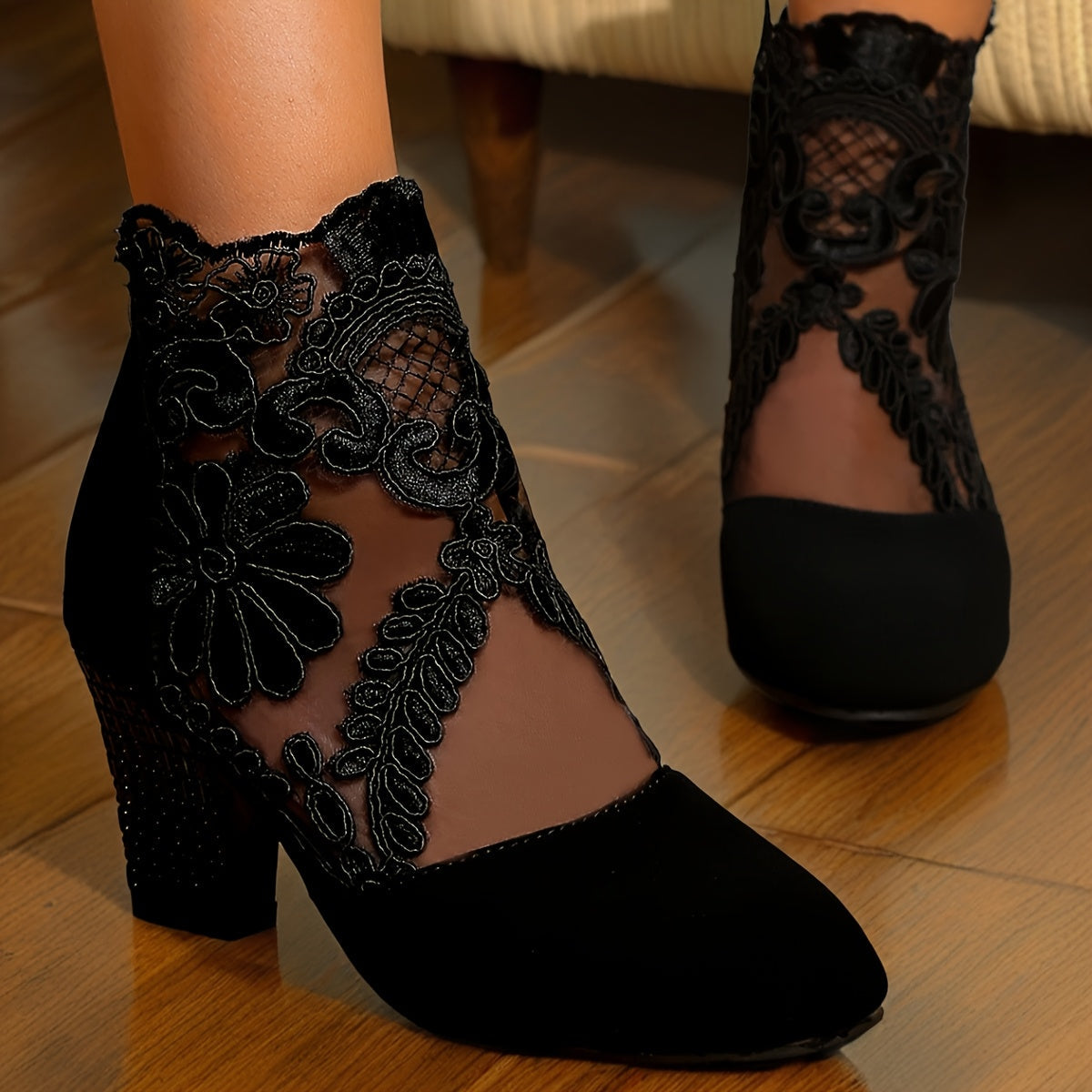 VougeVamp Floral Lace Mesh Wedge Heels – Elegant Square Toe Slip-On Mary Jane Shoes - VougeVampUK