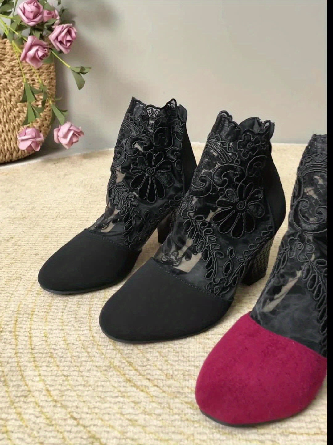VougeVamp Floral Lace Mesh Wedge Heels – Elegant Square Toe Slip-On Mary Jane Shoes - VougeVampUK