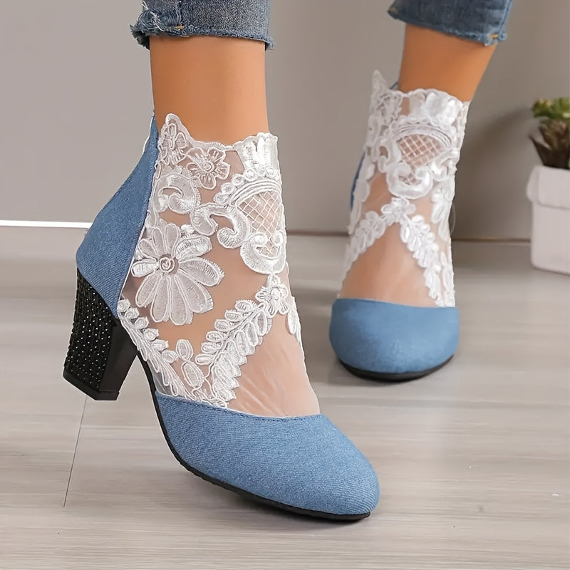 VougeVamp Floral Lace Mesh Wedge Heels – Elegant Square Toe Slip-On Mary Jane Shoes - VougeVampUK
