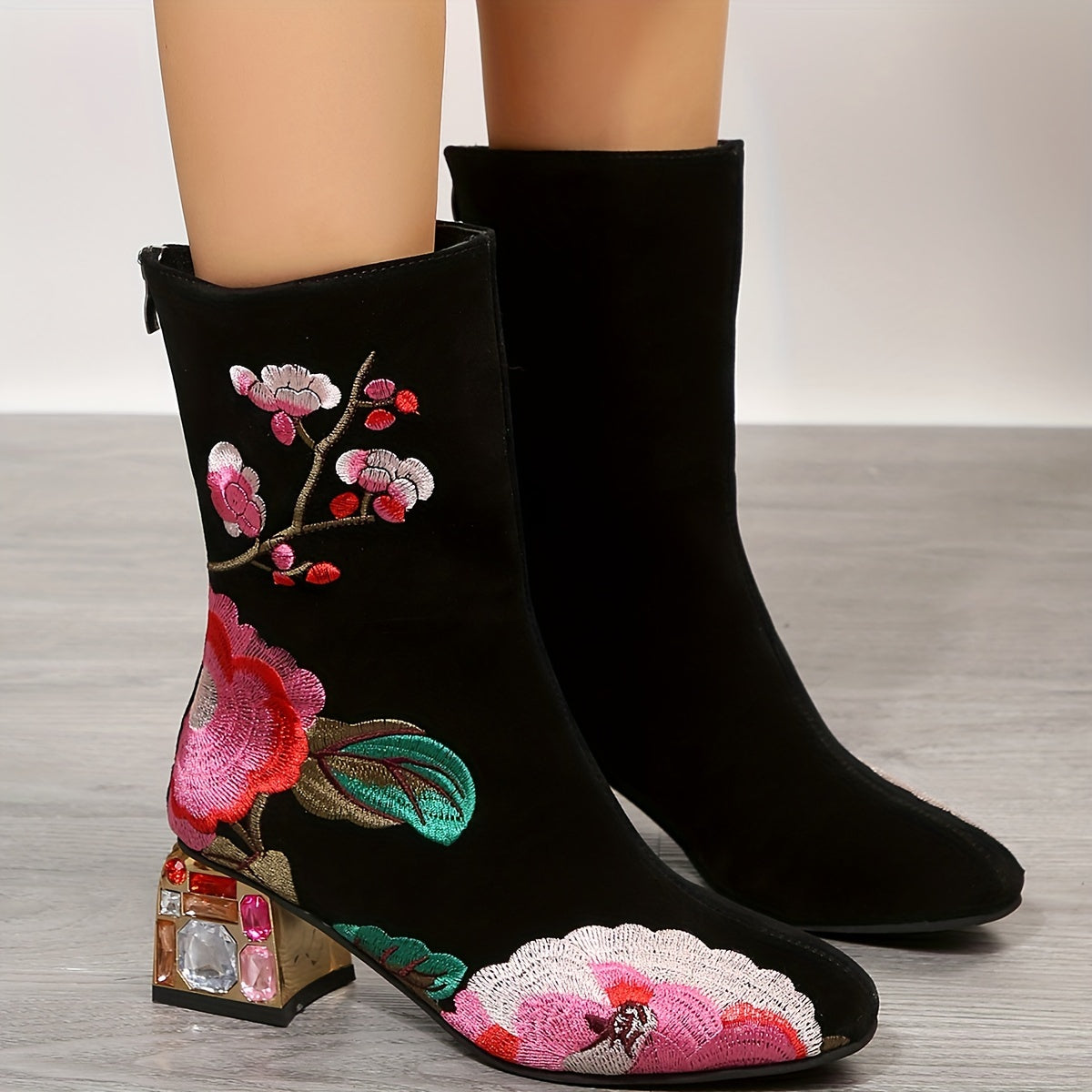 VougeVamp Elegant Floral Embroidered Ankle Boots – Rhinestone & Crystal Chunky Heel with Back Zip Closure - VougeVampUK
