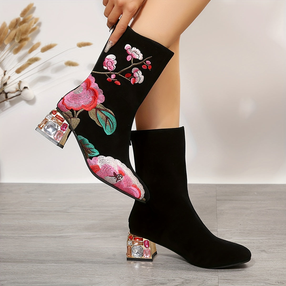 VougeVamp Elegant Floral Embroidered Ankle Boots – Rhinestone & Crystal Chunky Heel with Back Zip Closure - VougeVampUK