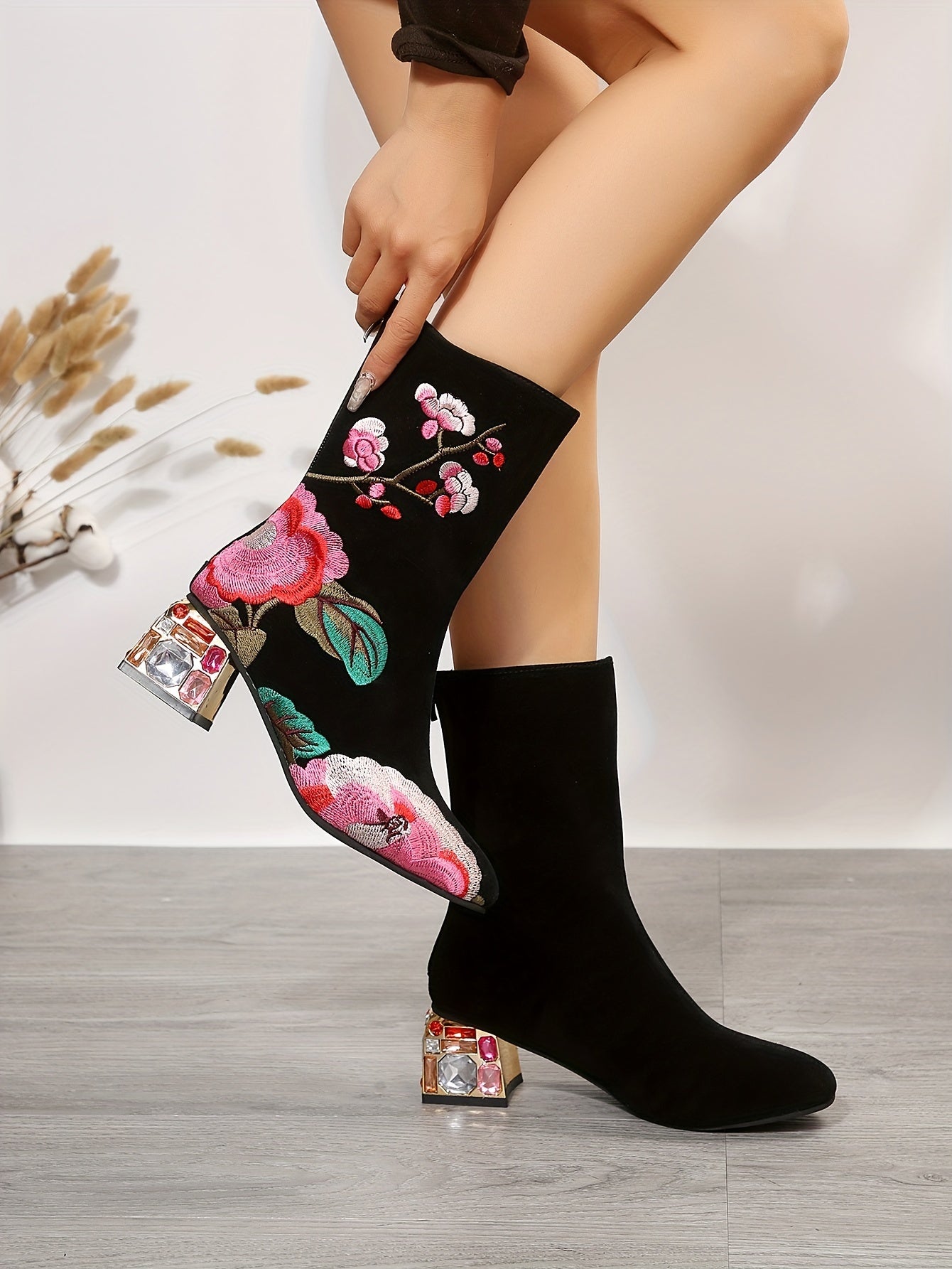 VougeVamp Elegant Floral Embroidered Ankle Boots – Rhinestone & Crystal Chunky Heel with Back Zip Closure - VougeVampUK