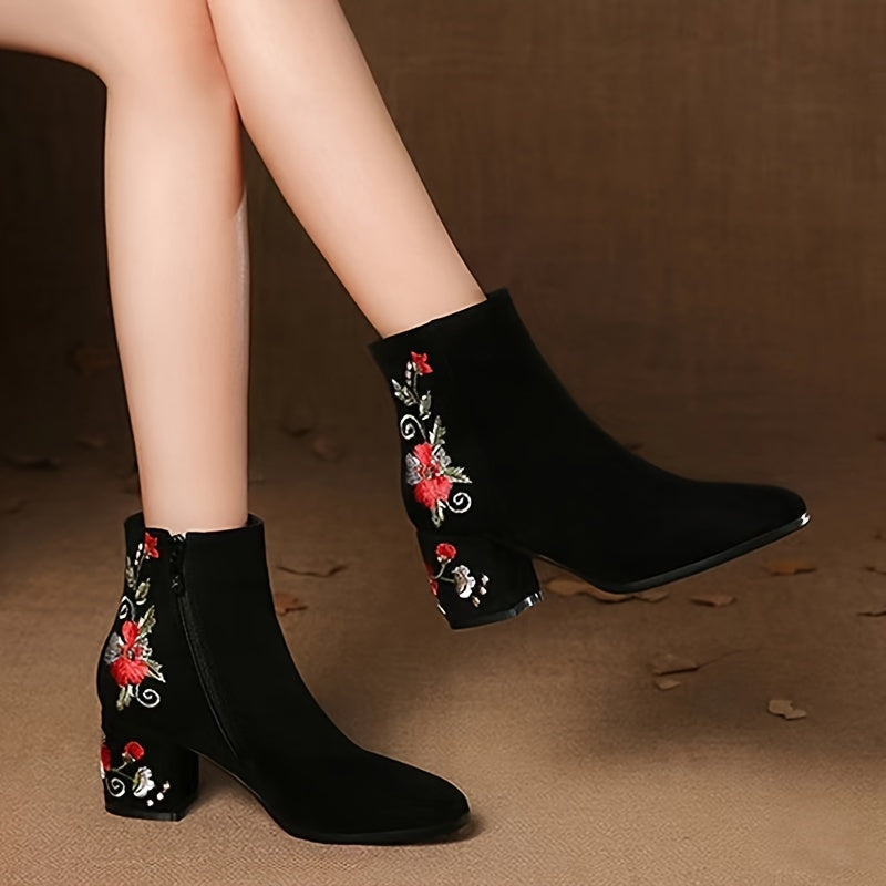 VougeVamp Women's Embroidered Floral Ankle Booties – Vintage Chinese Style with Pointed Toe & Block Heel - VougeVampUK