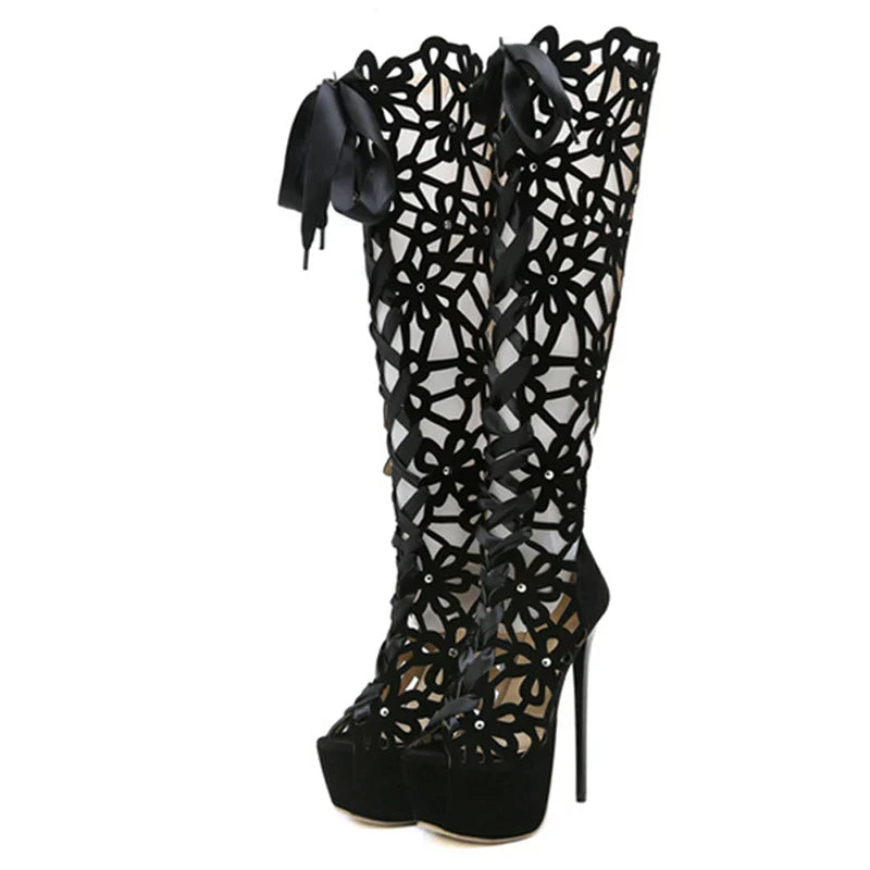VougeVamp Women’s Roma Style Knee-High Boots – Hollow Out Cross Lace-Up Platform Sandals with Peep Toe and Super Thin Heels