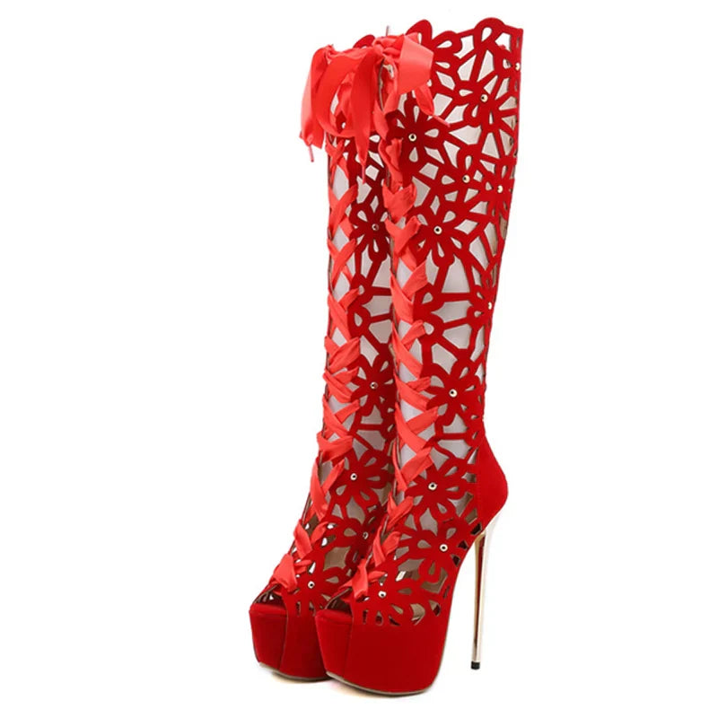 VougeVamp Women’s Roma Style Knee-High Boots – Hollow Out Cross Lace-Up Platform Sandals with Peep Toe and Super Thin Heels