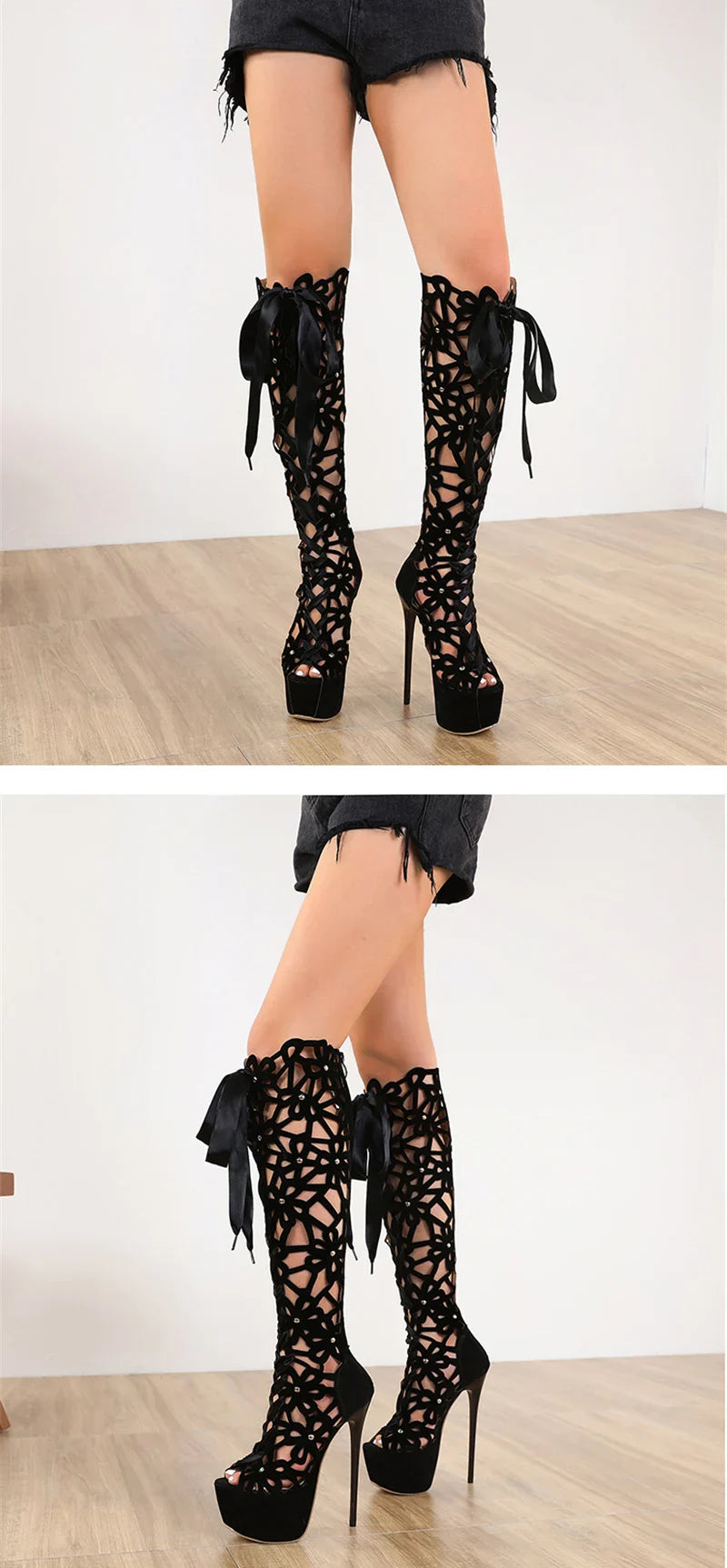 VougeVamp Women’s Roma Style Knee-High Boots – Hollow Out Cross Lace-Up Platform Sandals with Peep Toe and Super Thin Heels