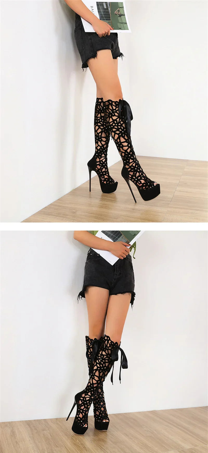 VougeVamp Women’s Roma Style Knee-High Boots – Hollow Out Cross Lace-Up Platform Sandals with Peep Toe and Super Thin Heels