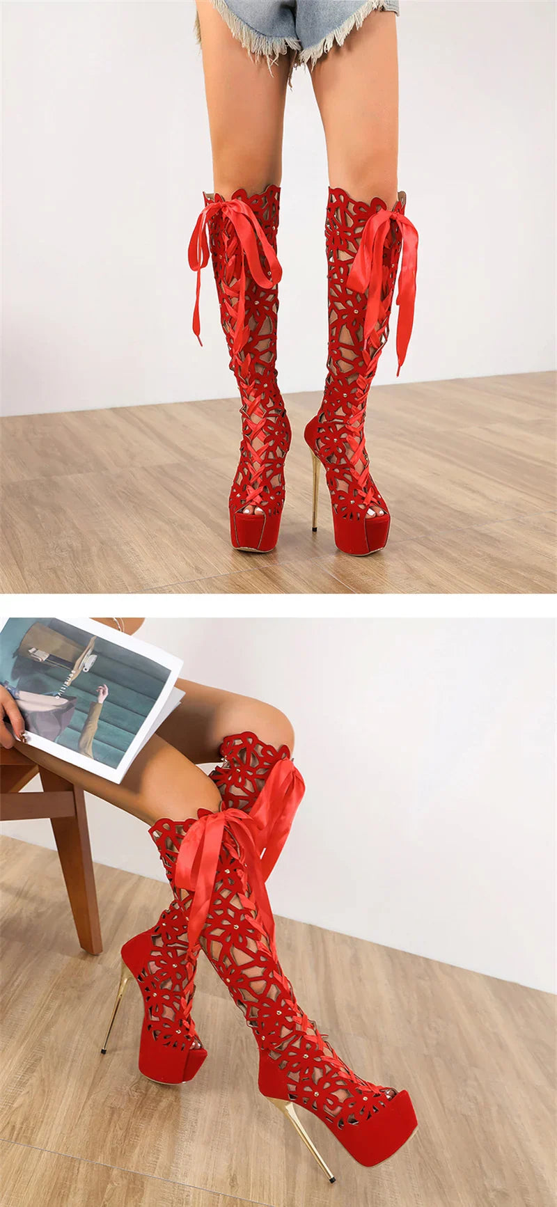 VougeVamp Women’s Roma Style Knee-High Boots – Hollow Out Cross Lace-Up Platform Sandals with Peep Toe and Super Thin Heels