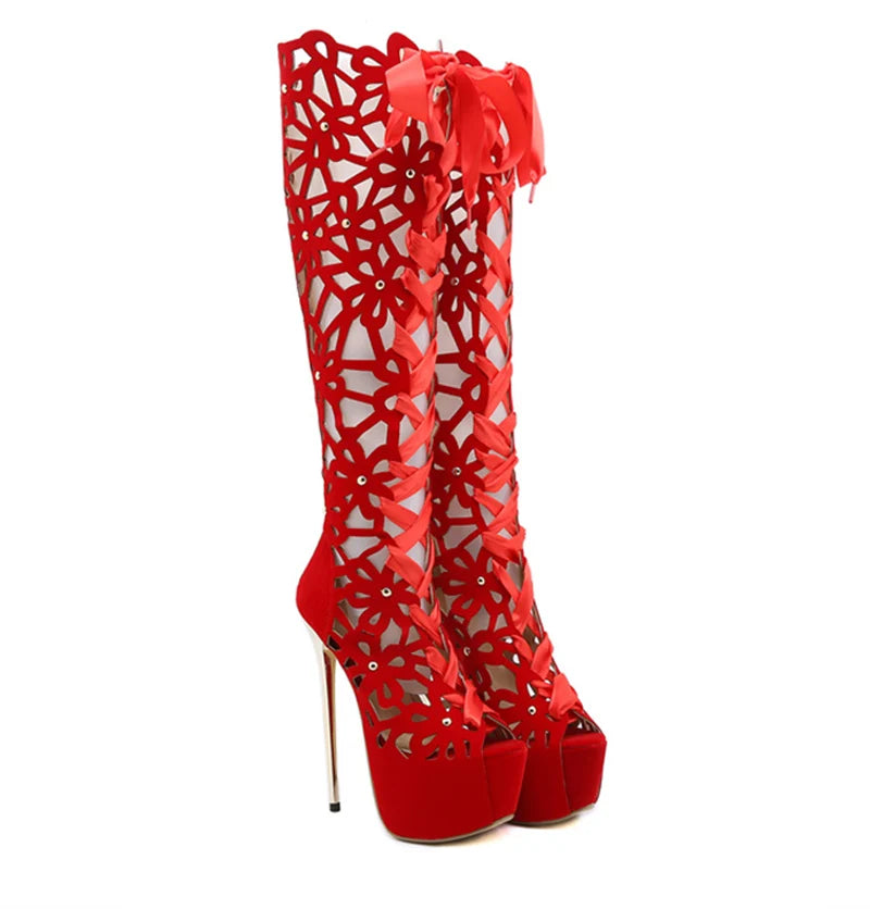 VougeVamp Women’s Roma Style Knee-High Boots – Hollow Out Cross Lace-Up Platform Sandals with Peep Toe and Super Thin Heels