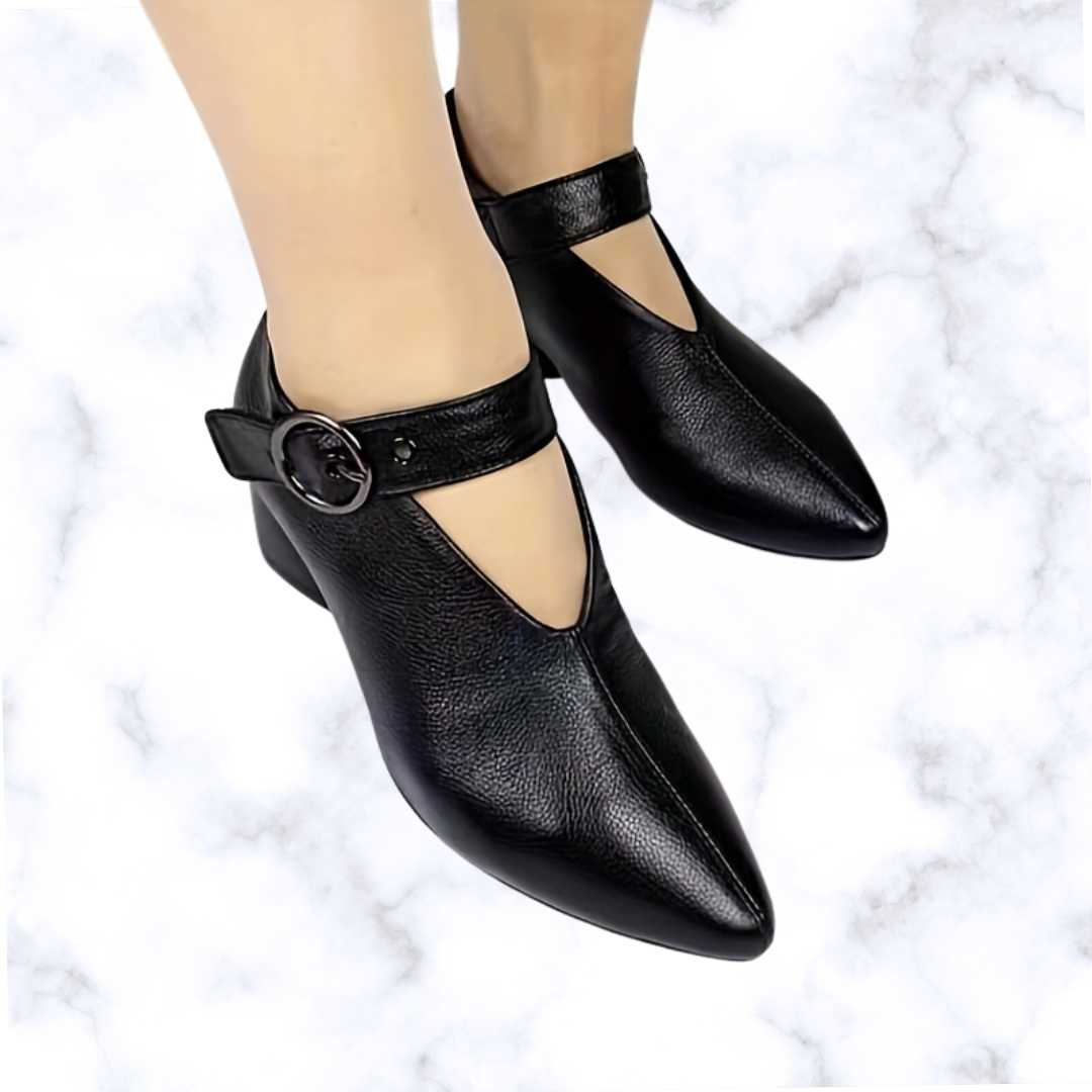 Comfy Women's Chunky Heel Ankle Boots – Solid Color, Pointed Toe, Buckle Design, and Soft Sole