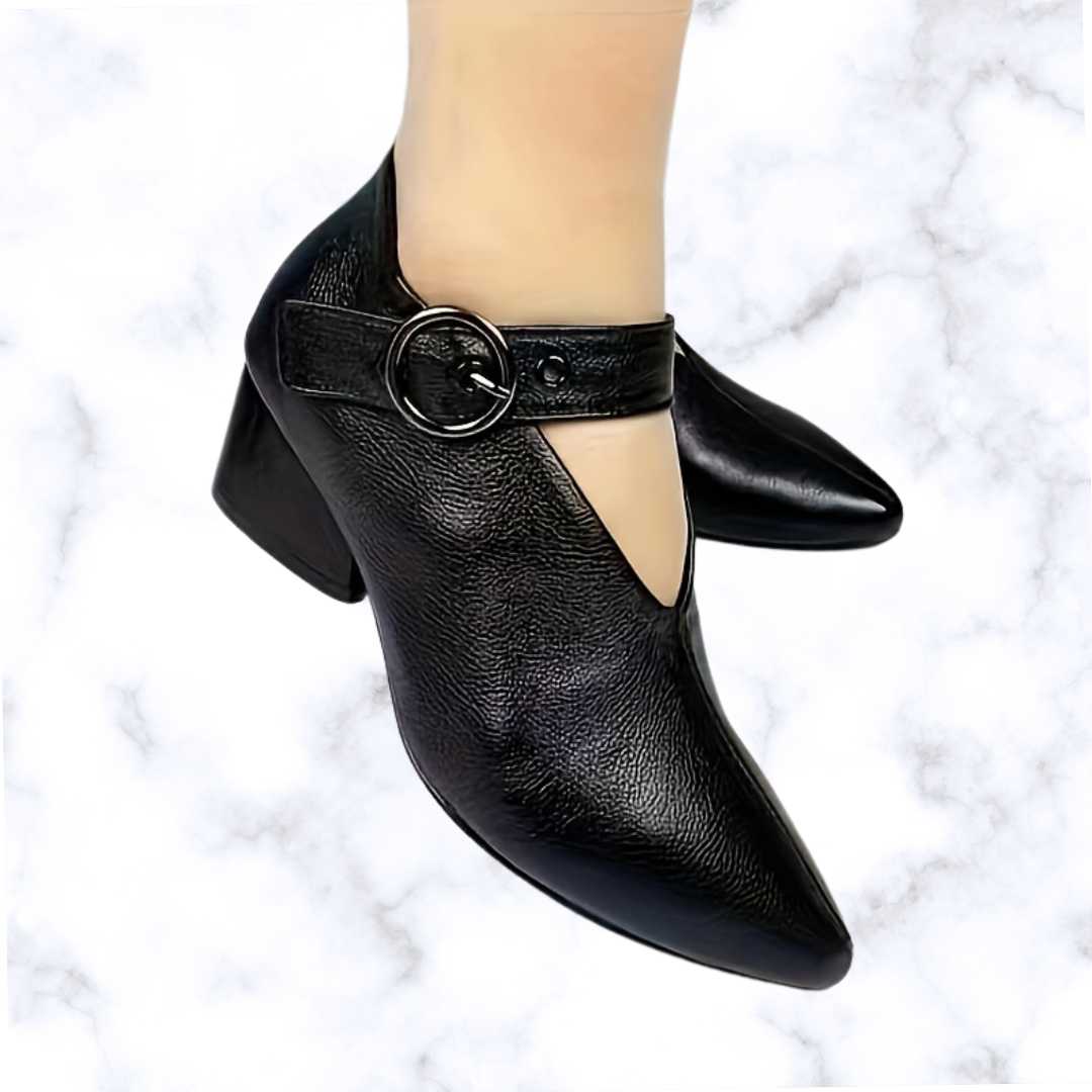 Comfy Women's Chunky Heel Ankle Boots – Solid Color, Pointed Toe, Buckle Design, and Soft Sole