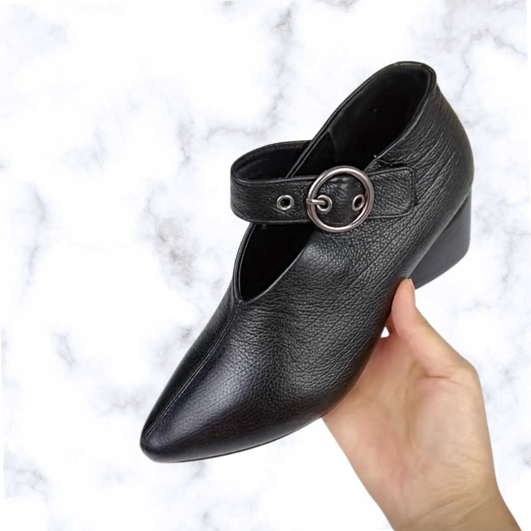 Comfy Women's Chunky Heel Ankle Boots – Solid Color, Pointed Toe, Buckle Design, and Soft Sole