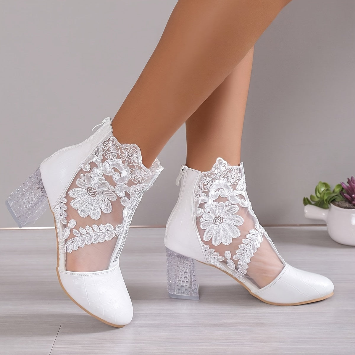 VougeVamp Elegant Floral Lace Ankle Booties – Transparent Block Heel & Zip Closure - VougeVampUK
