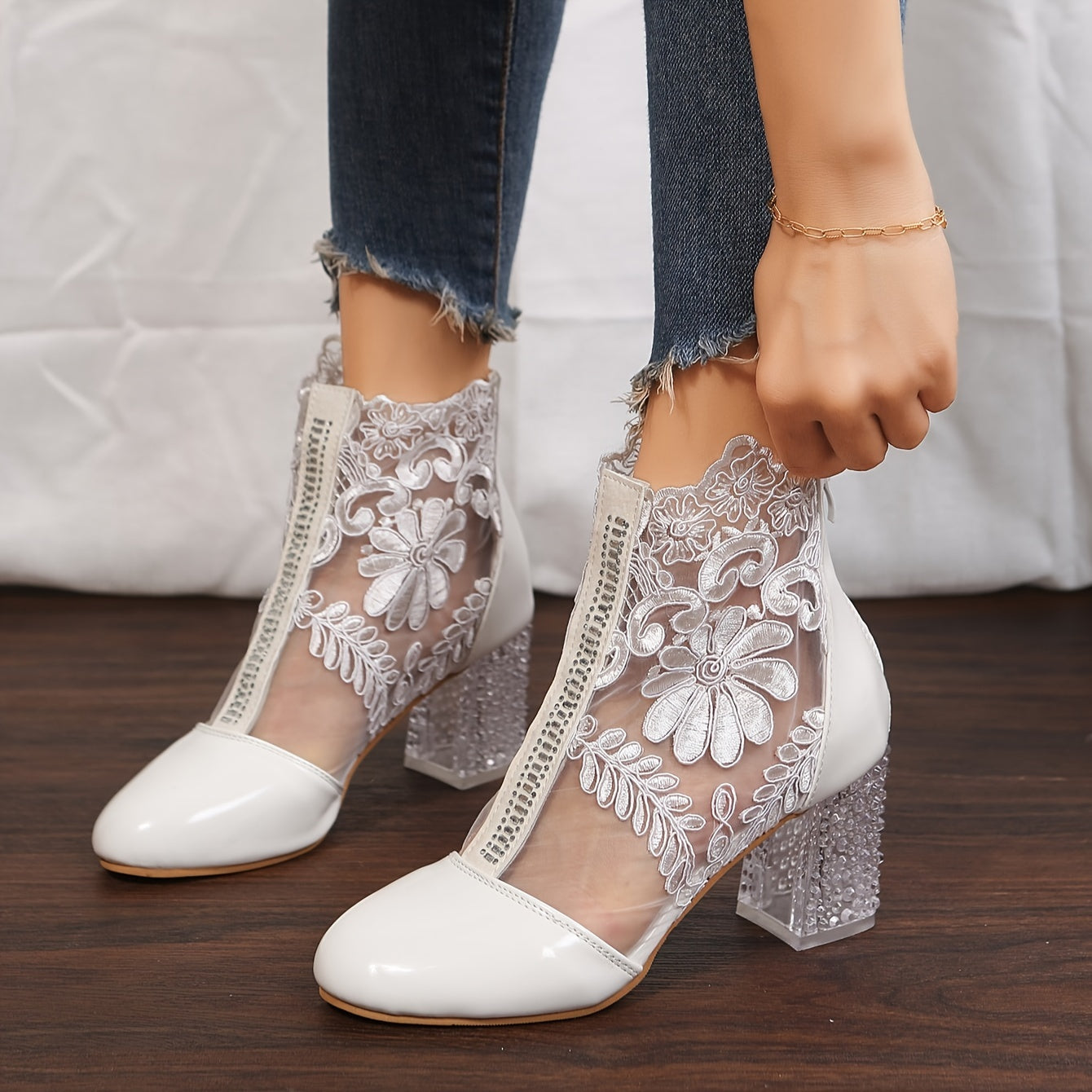 VougeVamp Elegant Floral Lace Ankle Booties – Transparent Block Heel & Zip Closure - VougeVampUK