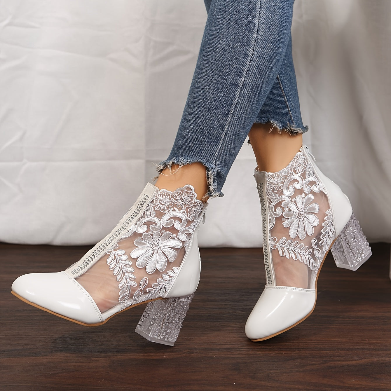 VougeVamp Elegant Floral Lace Ankle Booties – Transparent Block Heel & Zip Closure - VougeVampUK