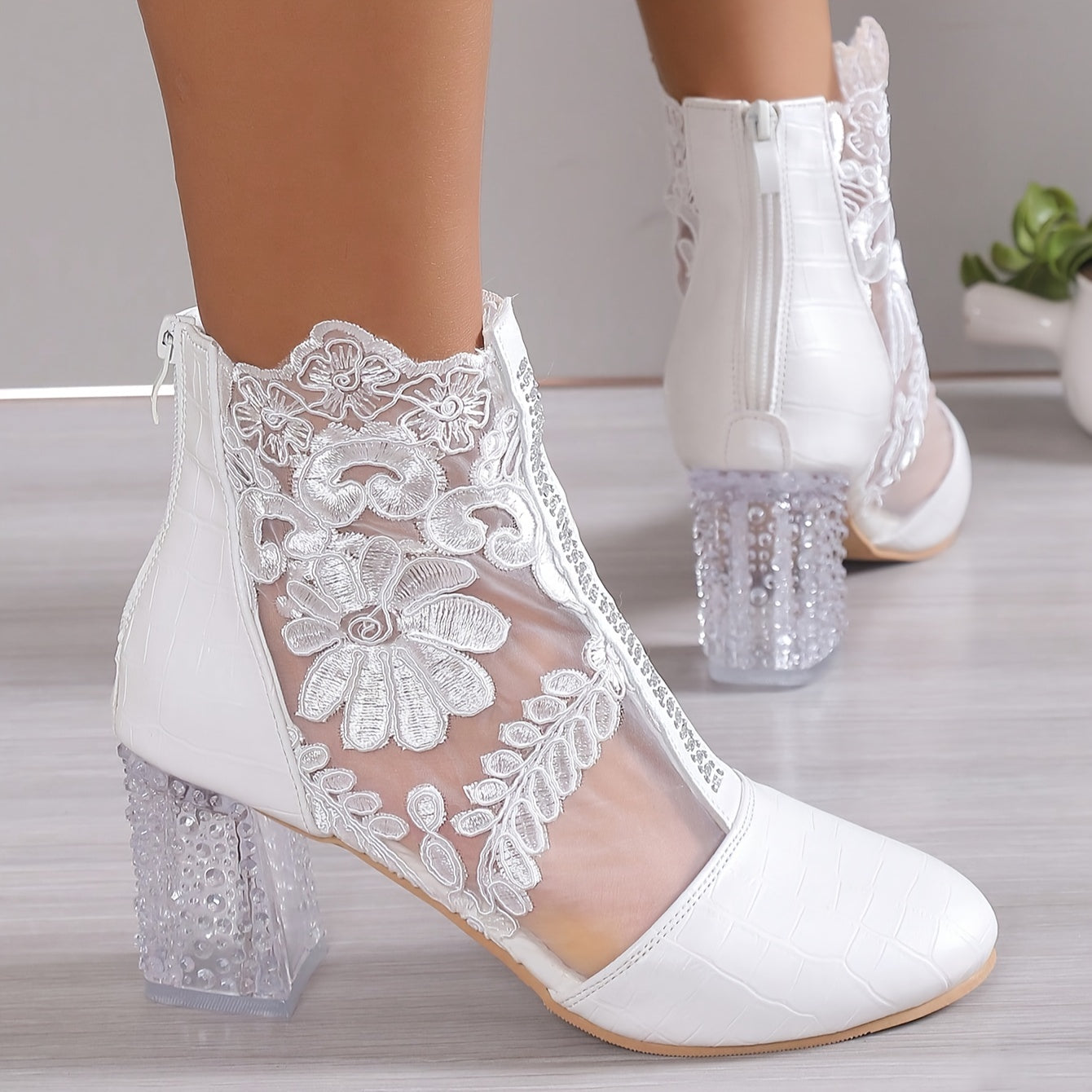 VougeVamp Elegant Floral Lace Ankle Booties – Transparent Block Heel & Zip Closure - VougeVampUK