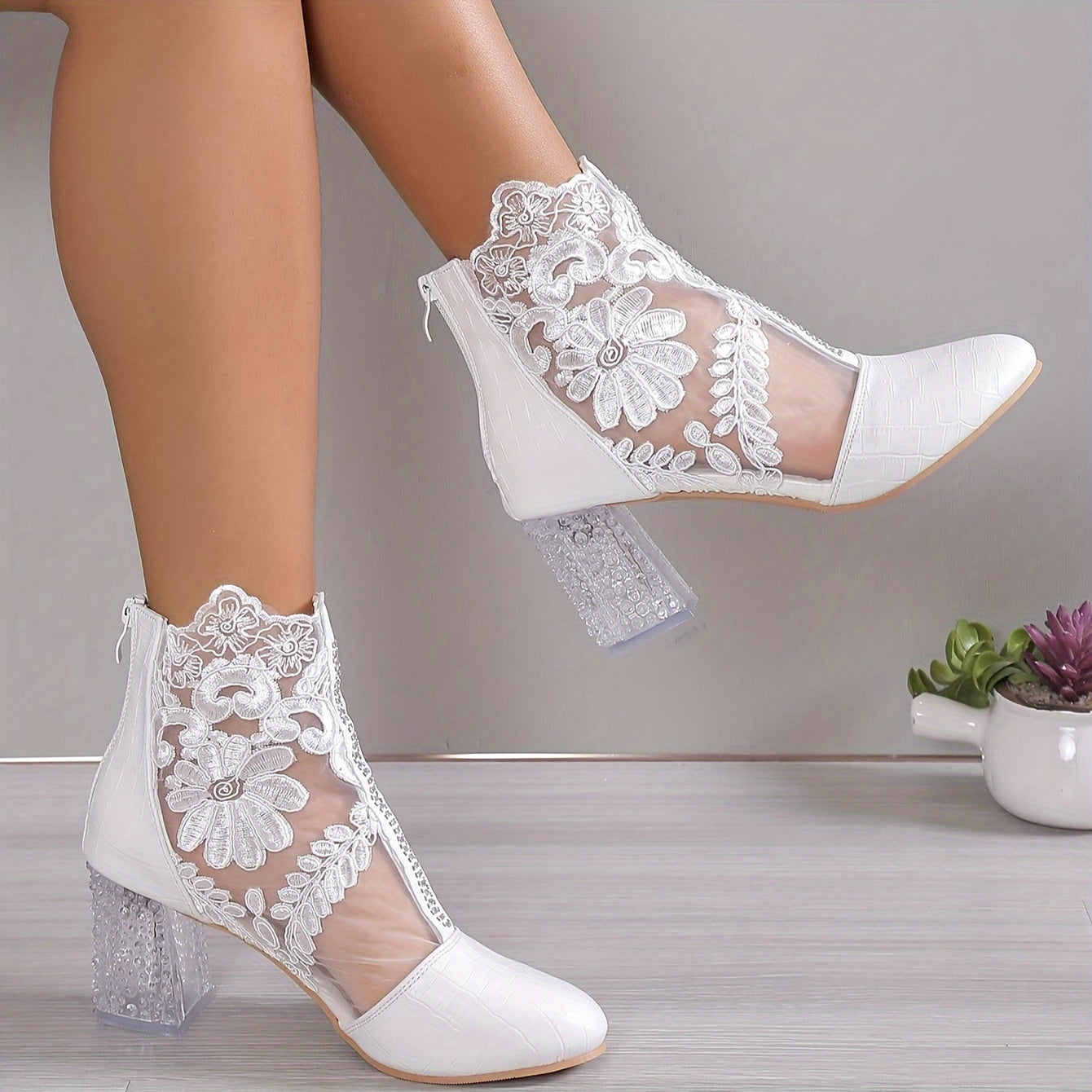 VougeVamp Elegant Floral Lace Ankle Booties – Transparent Block Heel & Zip Closure - VougeVampUK