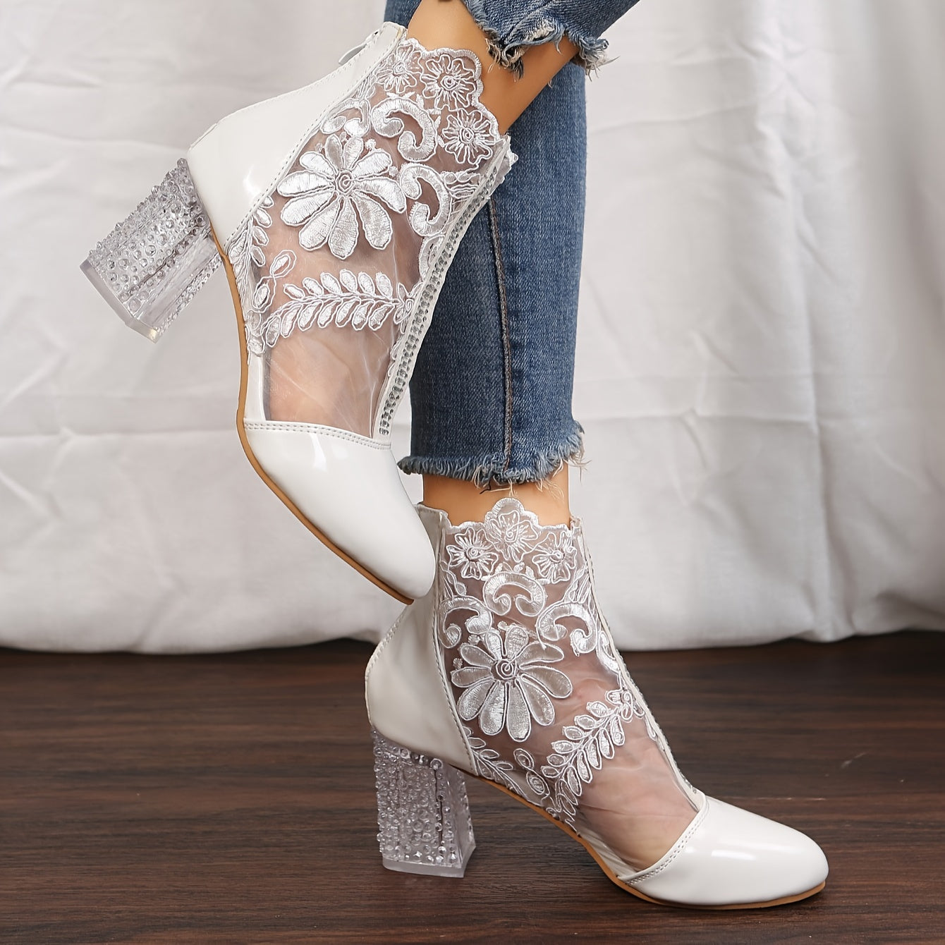 VougeVamp Elegant Floral Lace Ankle Booties – Transparent Block Heel & Zip Closure - VougeVampUK