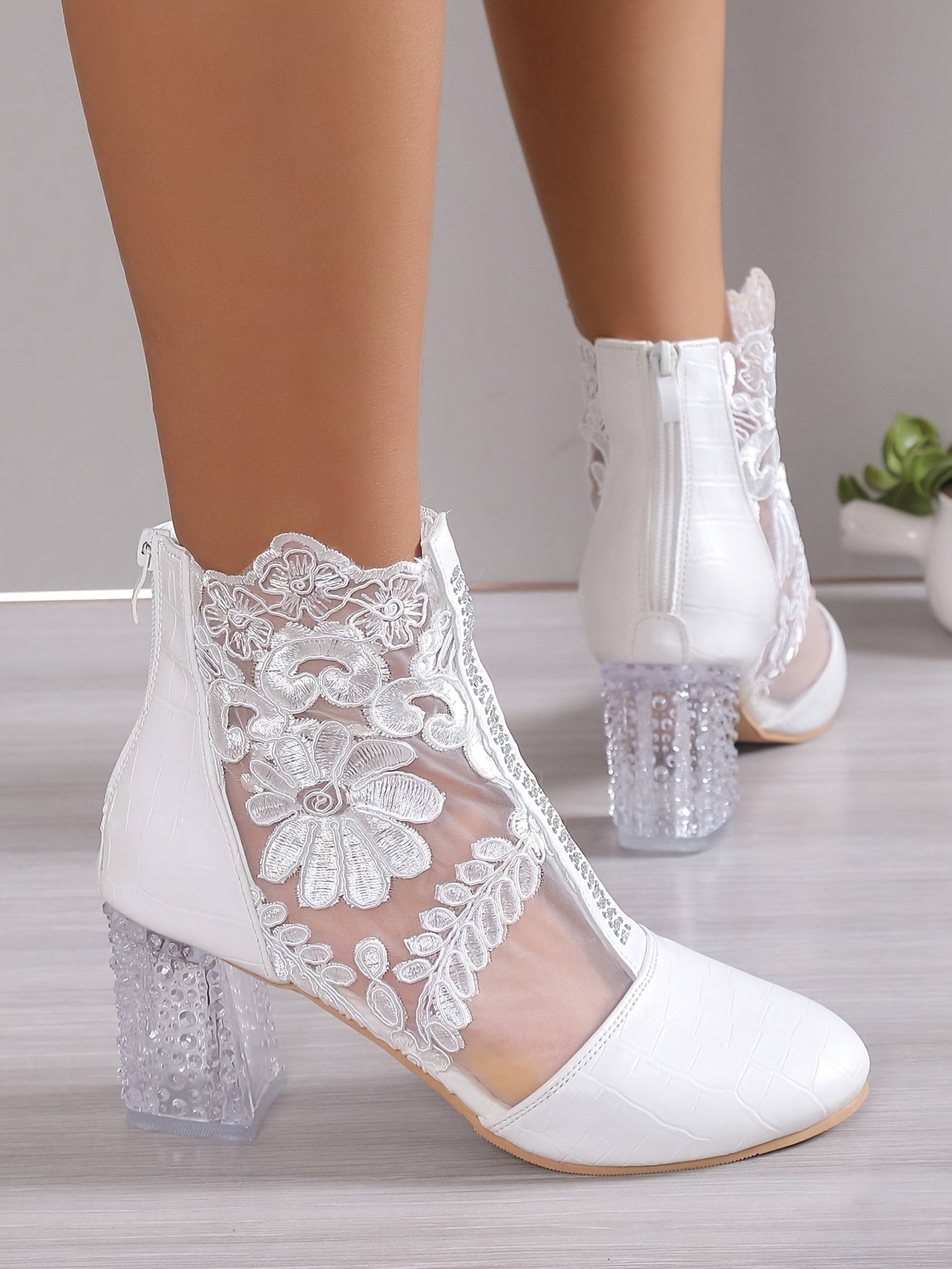 VougeVamp Elegant Floral Lace Ankle Booties – Transparent Block Heel & Zip Closure - VougeVampUK