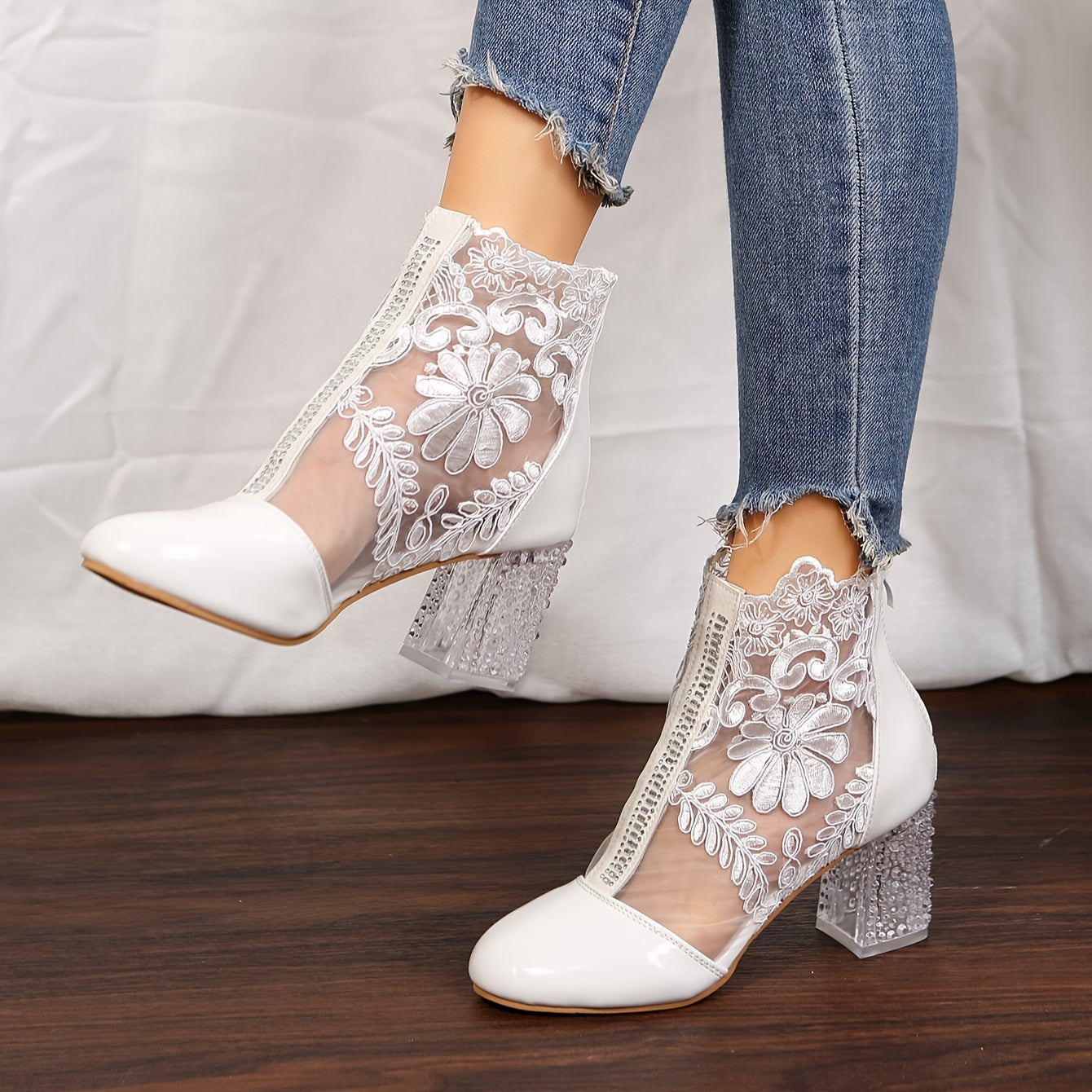 VougeVamp Elegant Floral Lace Ankle Booties – Transparent Block Heel & Zip Closure - VougeVampUK
