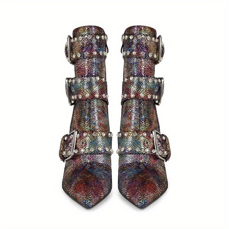 VougeVamp Chic Snakeskin Ankle Boots – Rhinestone High Stiletto Heel with Pointed Toe & Side Zipper - VougeVampUK