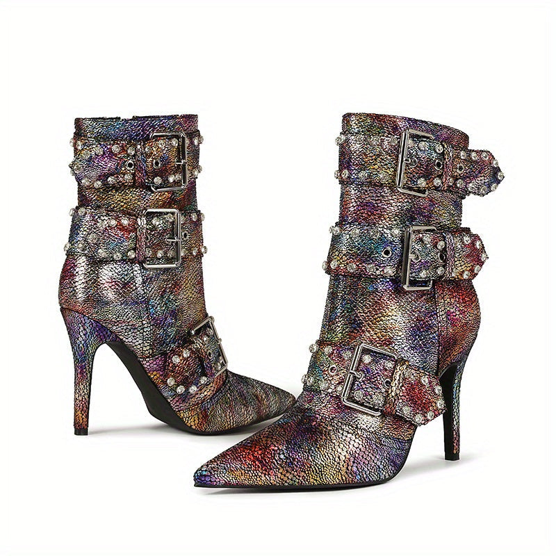VougeVamp Chic Snakeskin Ankle Boots – Rhinestone High Stiletto Heel with Pointed Toe & Side Zipper - VougeVampUK