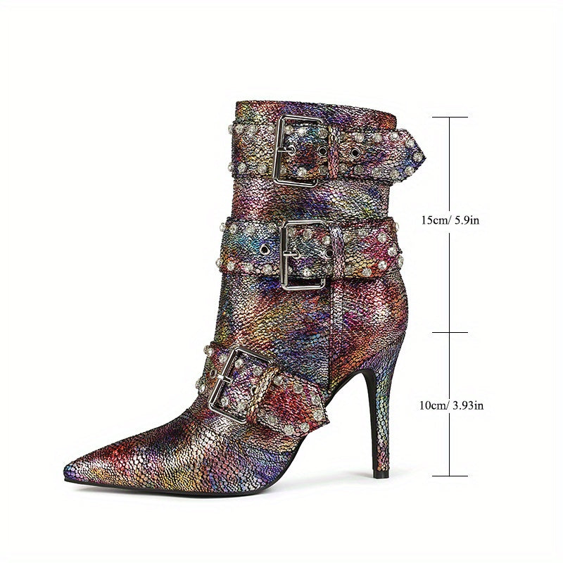 VougeVamp Chic Snakeskin Ankle Boots – Rhinestone High Stiletto Heel with Pointed Toe & Side Zipper - VougeVampUK