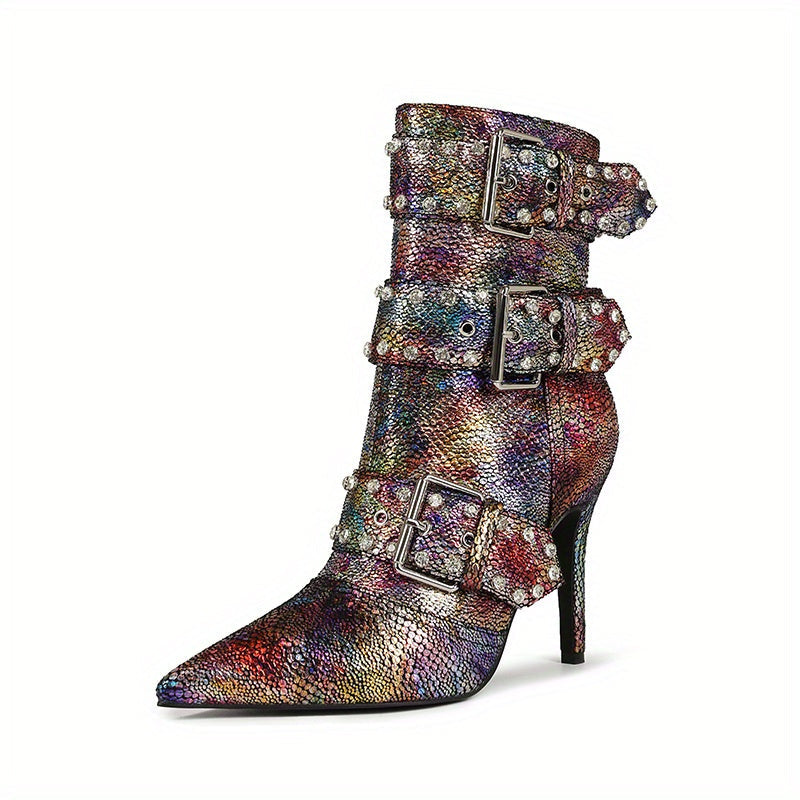 VougeVamp Chic Snakeskin Ankle Boots – Rhinestone High Stiletto Heel with Pointed Toe & Side Zipper - VougeVampUK
