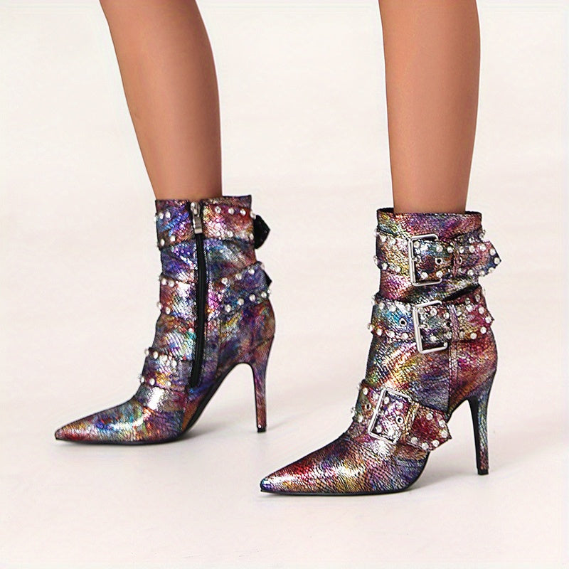 VougeVamp Chic Snakeskin Ankle Boots – Rhinestone High Stiletto Heel with Pointed Toe & Side Zipper - VougeVampUK