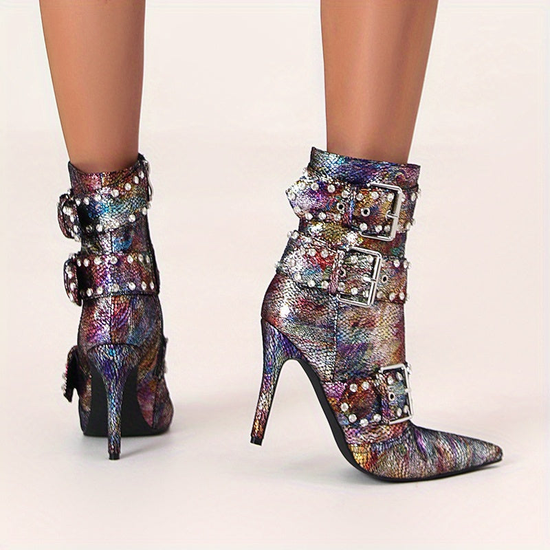 VougeVamp Chic Snakeskin Ankle Boots – Rhinestone High Stiletto Heel with Pointed Toe & Side Zipper - VougeVampUK
