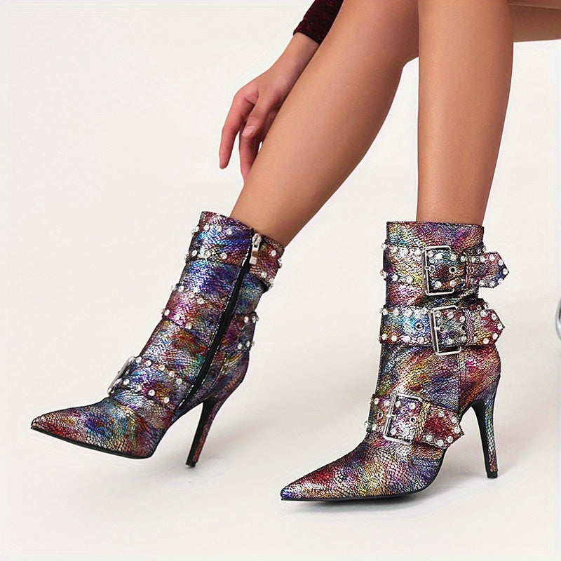 VougeVamp Chic Snakeskin Ankle Boots – Rhinestone High Stiletto Heel with Pointed Toe & Side Zipper - VougeVampUK