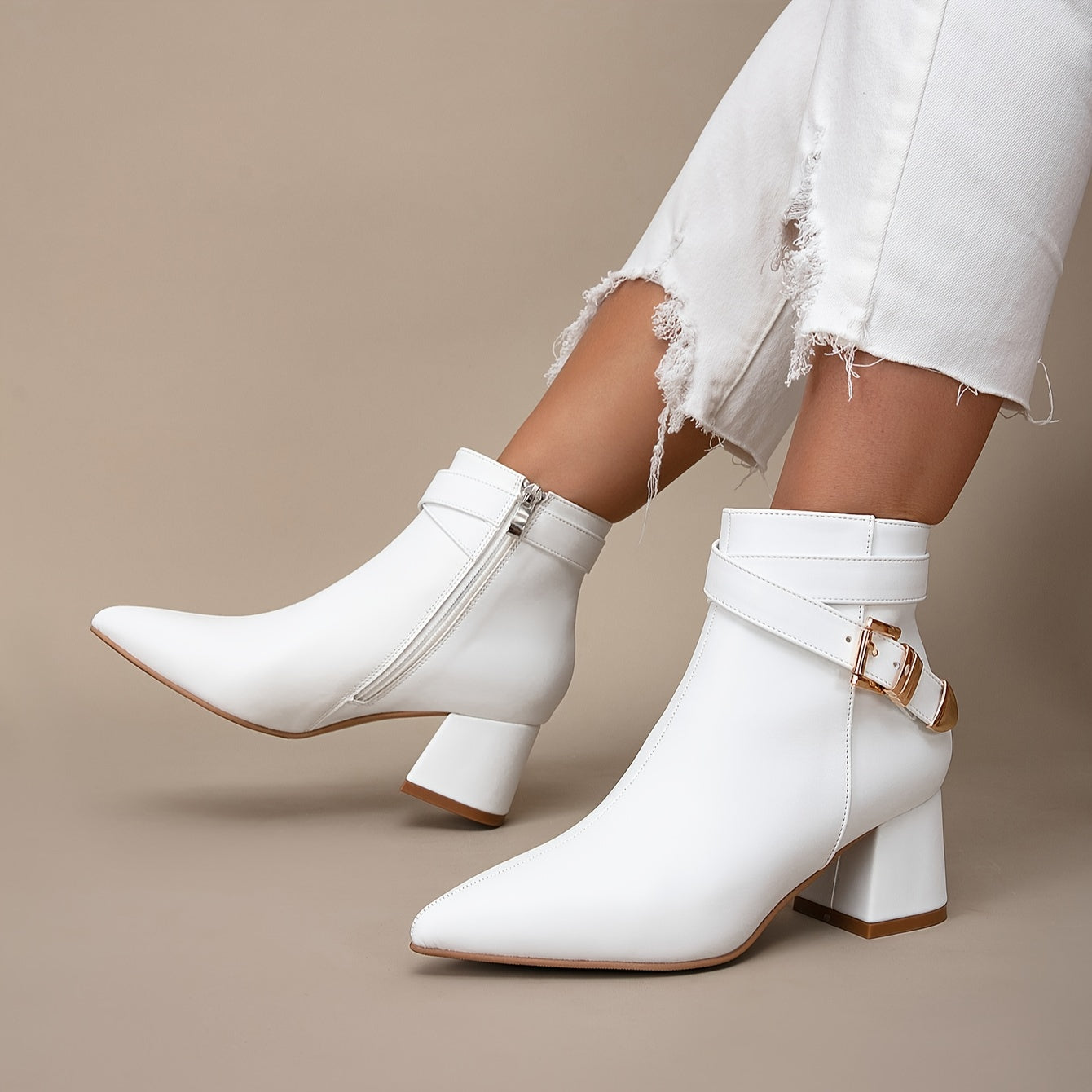 VougeVamp Elegant White Chelsea Ankle Booties – Pointed Toe, High Block Heel & Zipper Closure for Fall/Winter Fashion - VougeVampUK