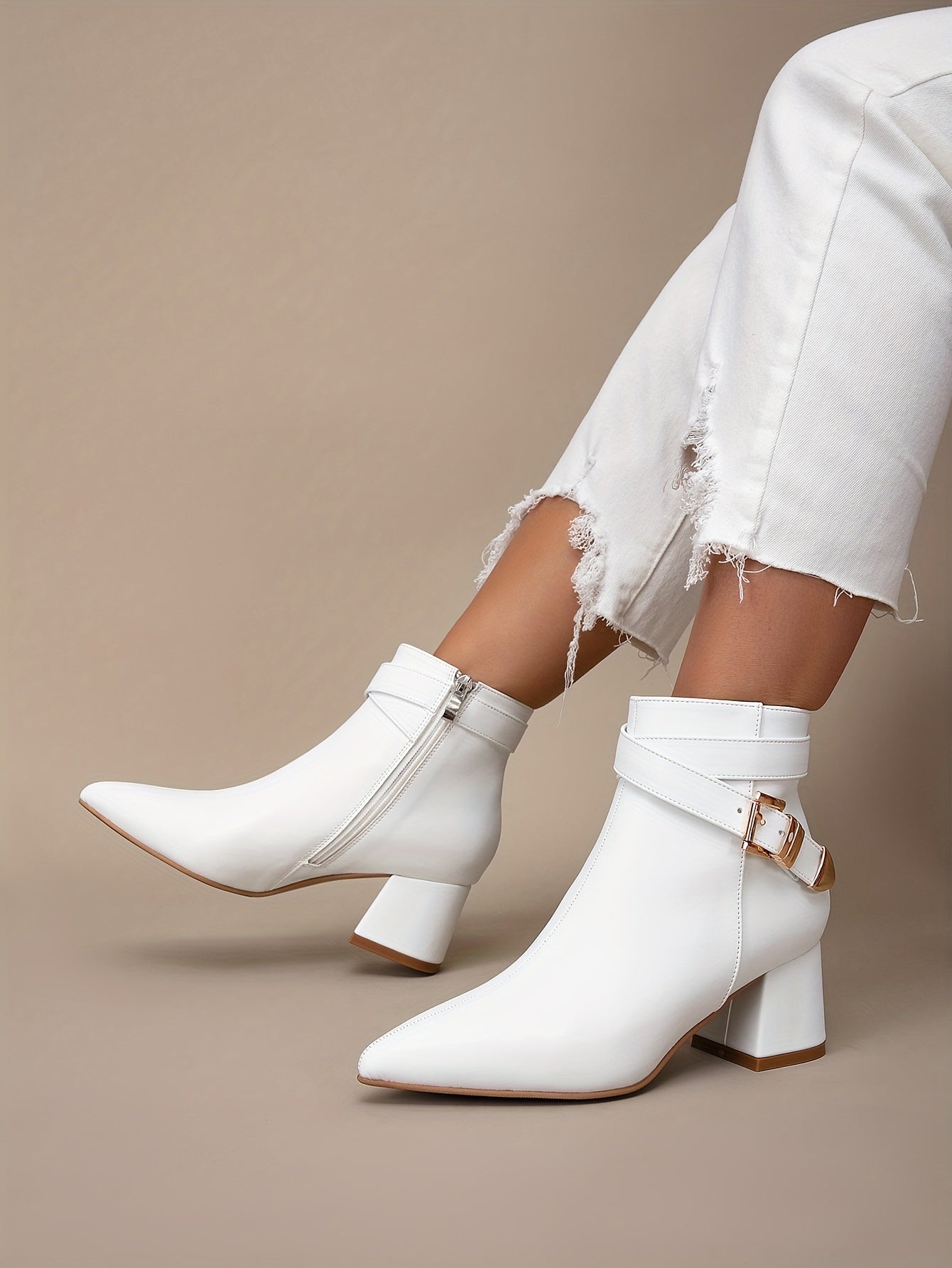 VougeVamp Elegant White Chelsea Ankle Booties – Pointed Toe, High Block Heel & Zipper Closure for Fall/Winter Fashion - VougeVampUK