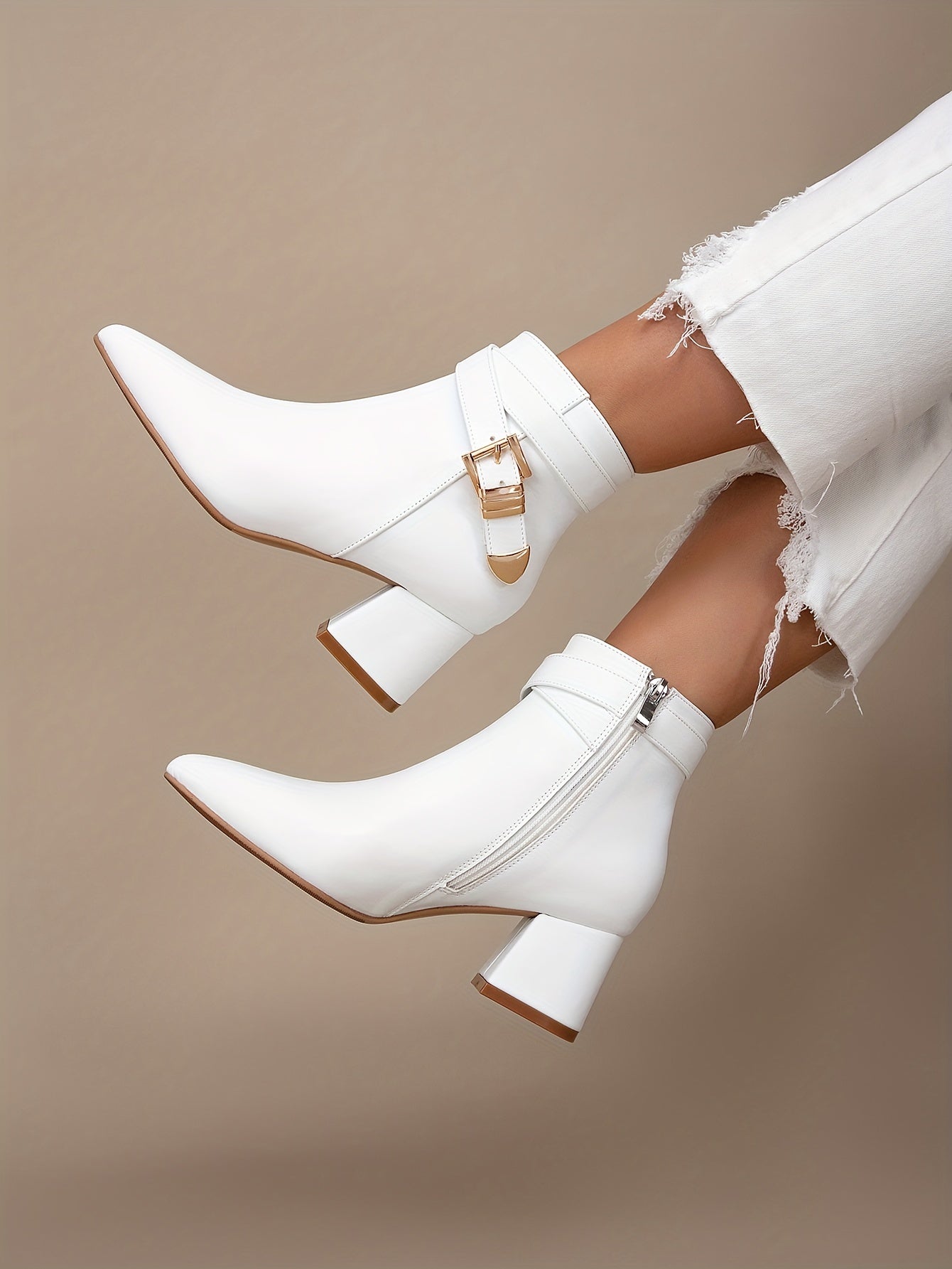 VougeVamp Elegant White Chelsea Ankle Booties – Pointed Toe, High Block Heel & Zipper Closure for Fall/Winter Fashion - VougeVampUK