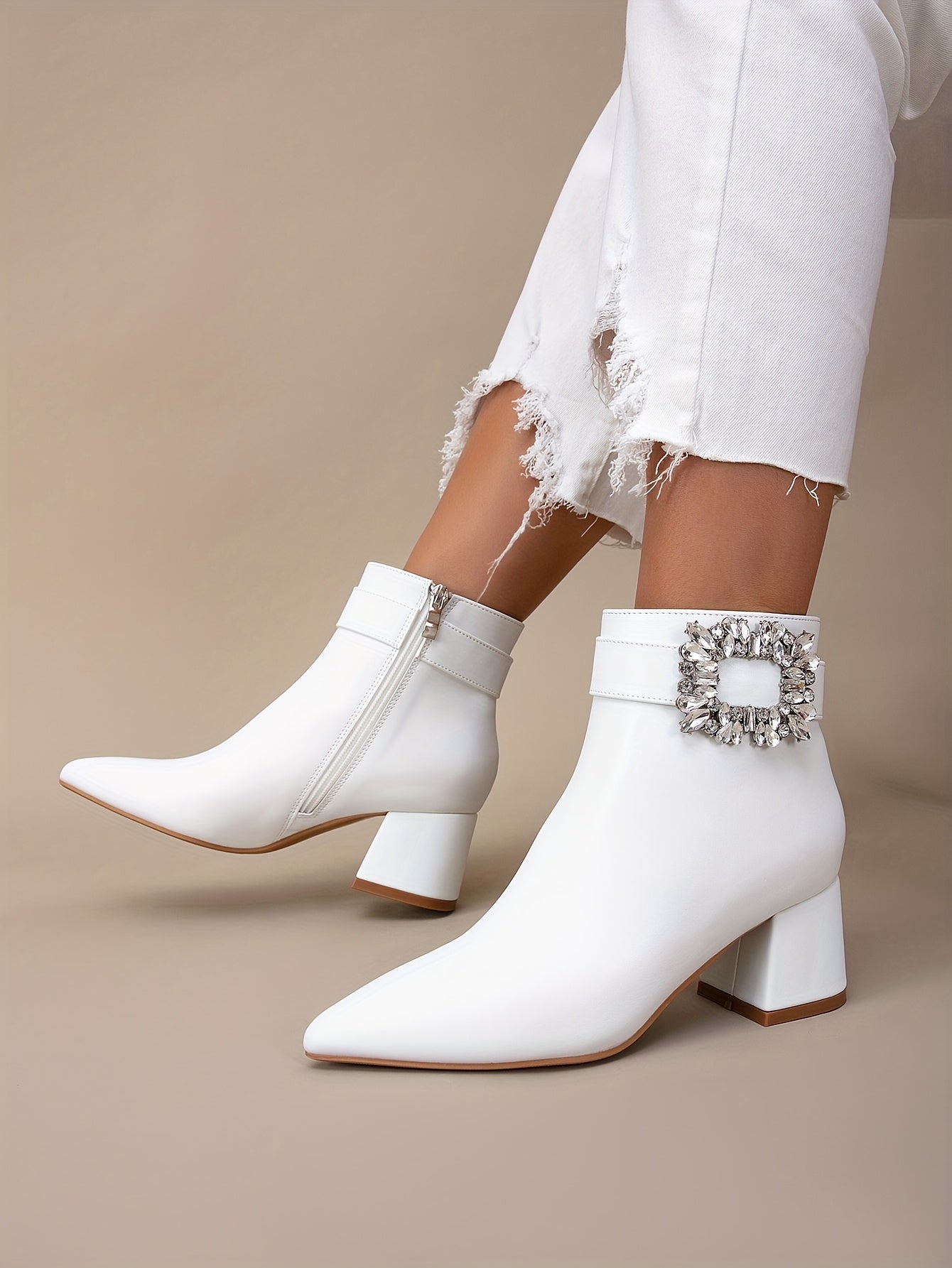 VougeVamp Elegant White Chelsea Ankle Booties – Pointed Toe High Heel Short Boots - VougeVampUK