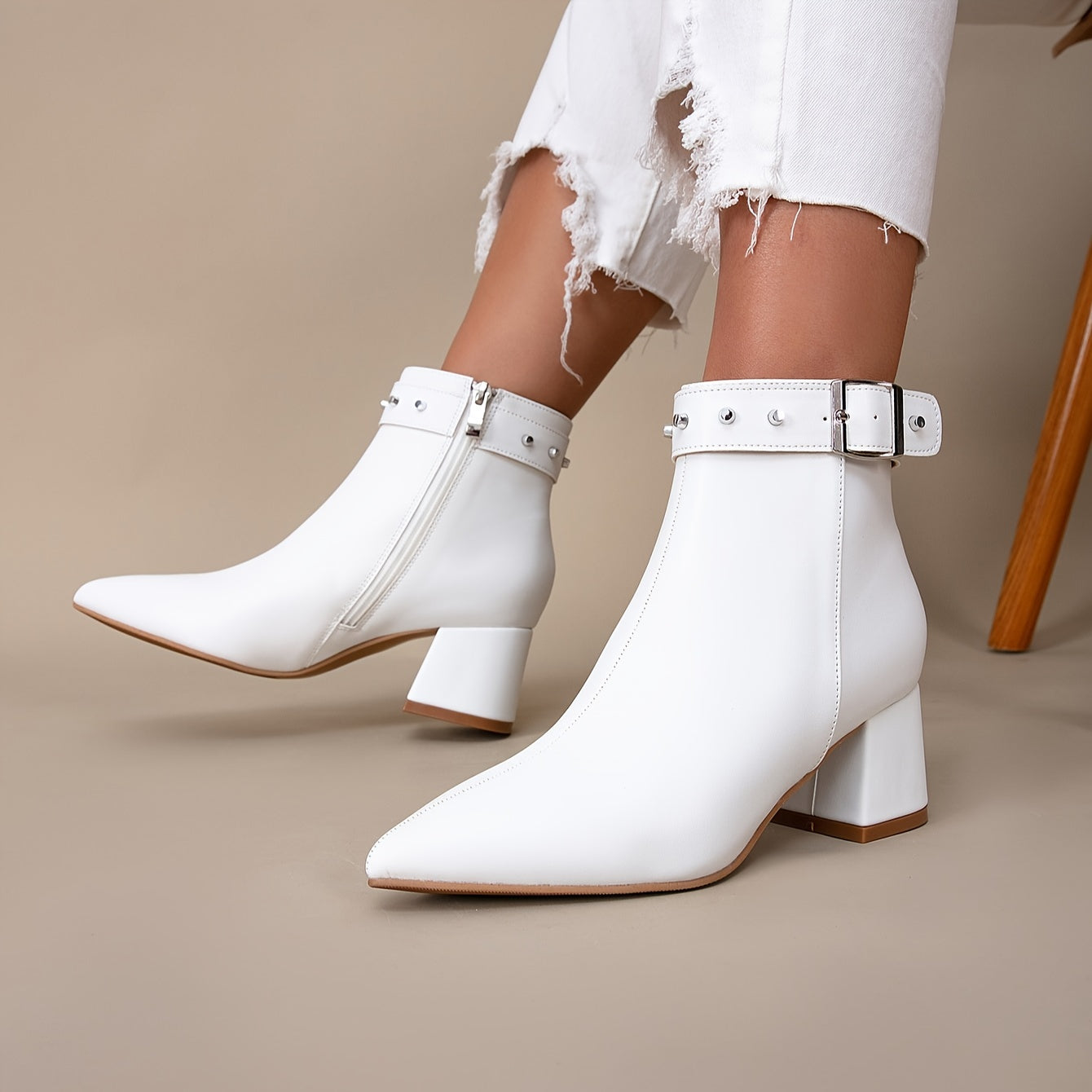 VougeVamp White Chunky Heel Short Boots – Pointed Toe High Heels with Rivet Belt Buckle for Trendy Autumn & Winter Fashion - VougeVampUK